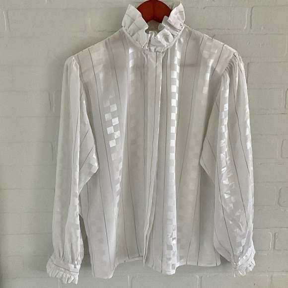 Vintage blouse damier Ruffled Retro Elegance MCM Mad men Cream Gold 16 - Picture 2 of 13